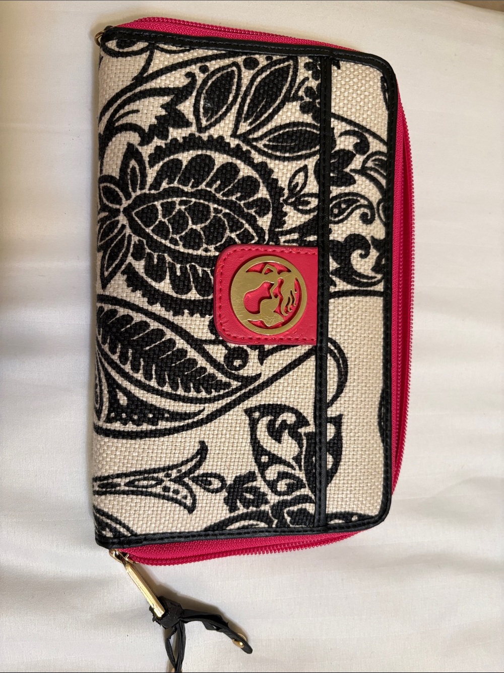 Spartina Floral Canvas Zip Wallet with Pink Trim and Gold Logo Accent